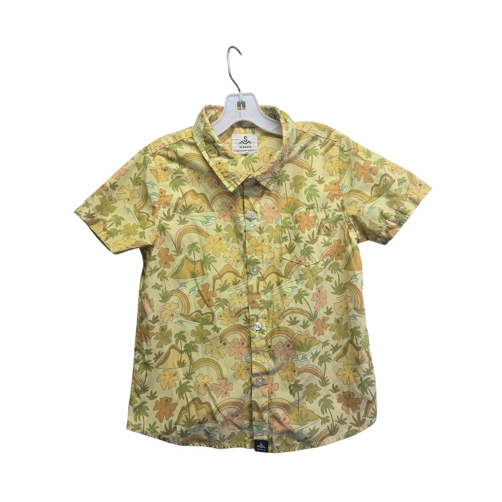 Seaesta Surf Kids Yellow Tropical Rainbow Palm Tree Button Down Shirt Size 8/9